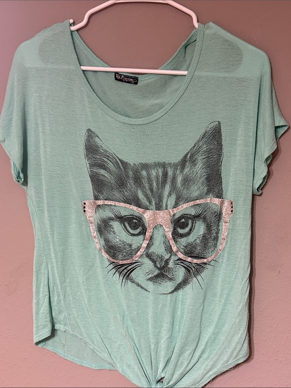 Cat Graphic Tee in Mint Green with Pink Glasses - Unbranded